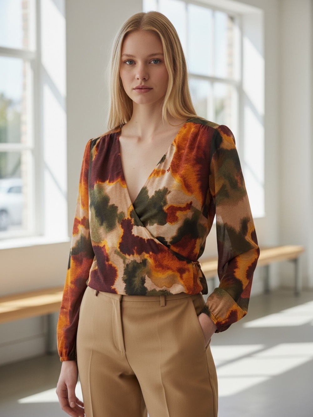 Women’s Autumn Watercolor Faux Wrap Blouse — Multi-Color